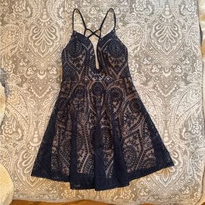Elegant Navy Blue Lace Dress Lined Small/Medium Fit & Flare